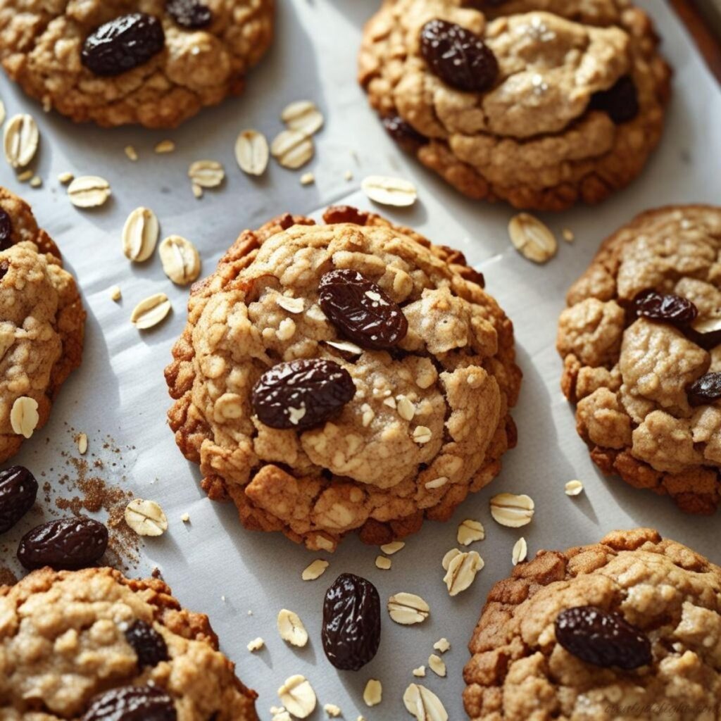 Homemade oatmeal raisin cookies with golden edges and a thick, bakery-style texture.