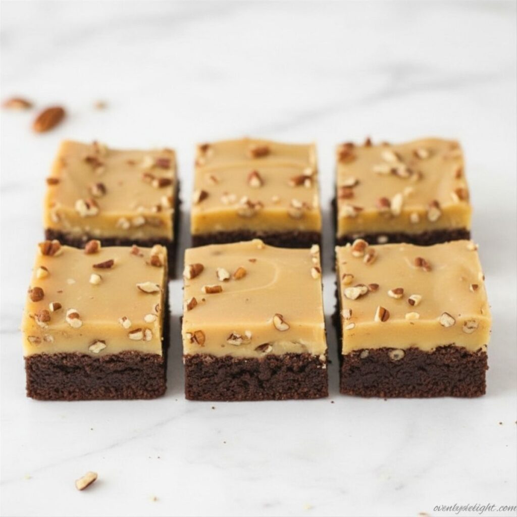 Homemade pecan brownies with glossy praline caramel.