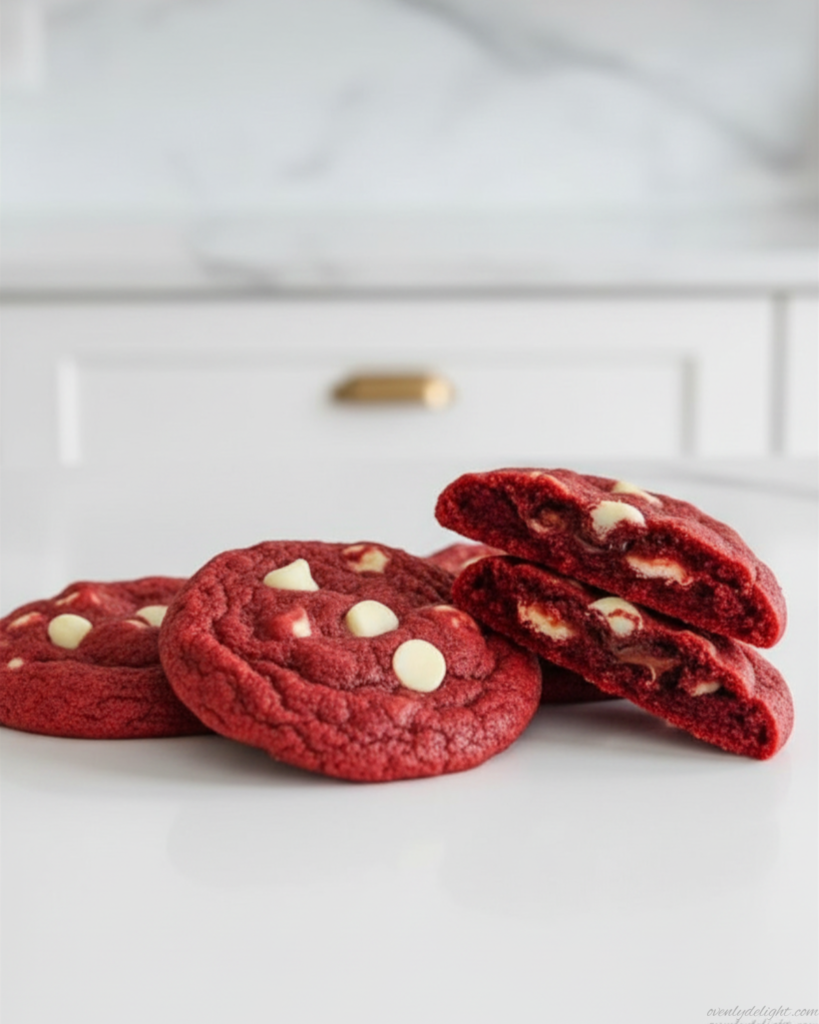 Homemade red velvet cookies close-up showing soft center and crisp edges
