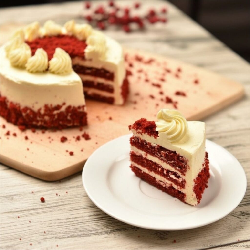 Homemade red velvet layer cake frosted with smooth cream cheese icing.