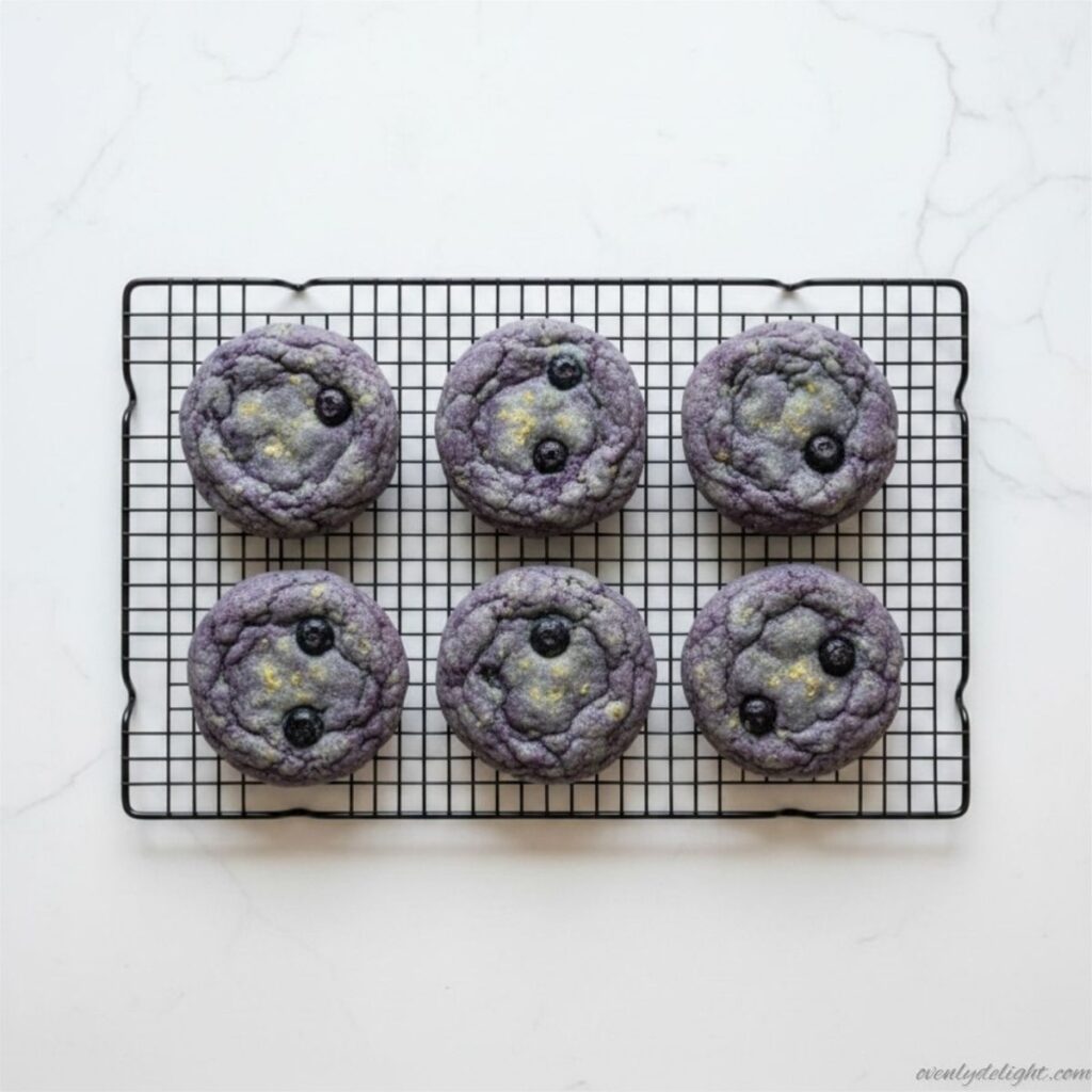 Lemon blueberry cheesecake cookies cooling on a wire rack