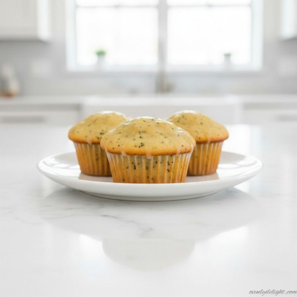Lemon poppy seed muffins with lemon glaze on a plate