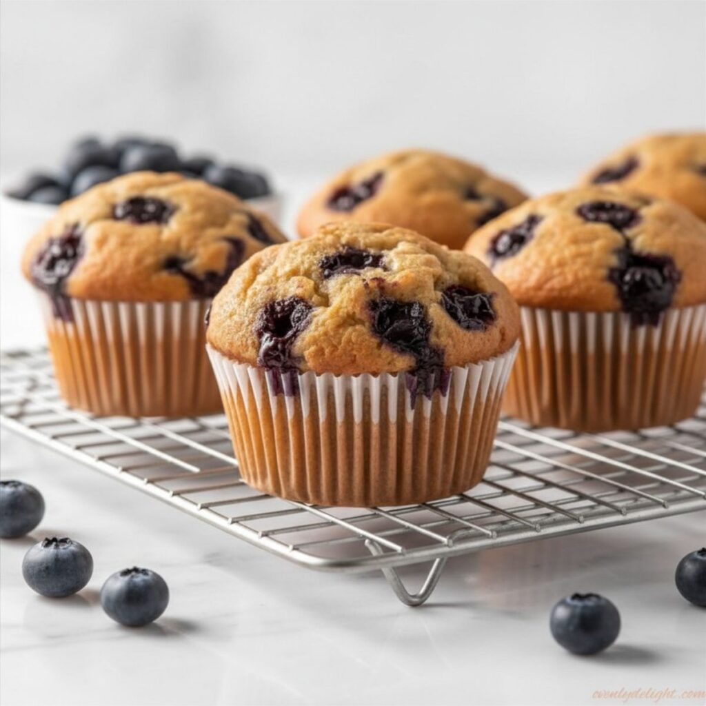 Moist Banana Blueberry Muffins on a cooling rack.
