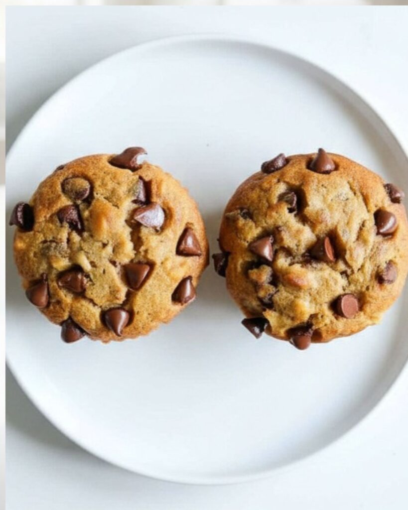 Fresh banana chocolate chip muffins with domed tops and visible chocolate chips