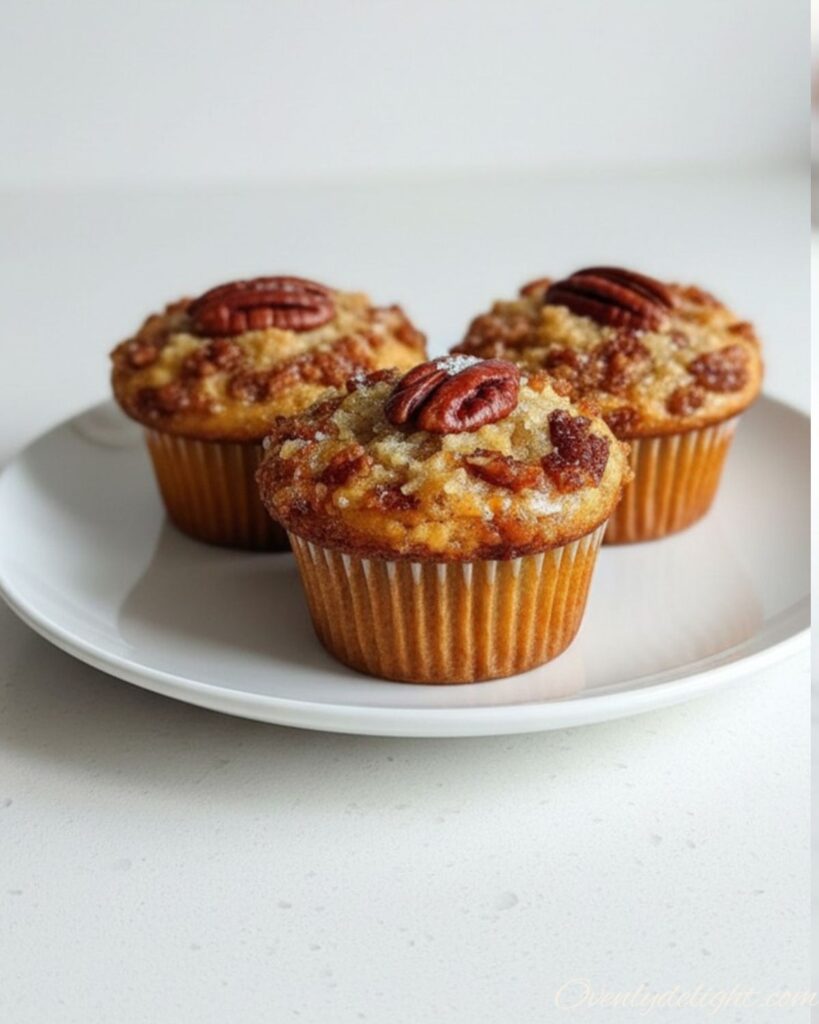 Soft Pecan Pie Brown Sugar Muffins with crunchy pecan topping on a plate
