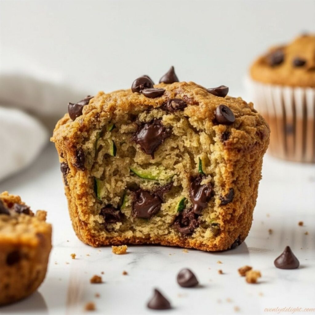 Moist zucchini chocolate chip muffins with melted chocolate chips