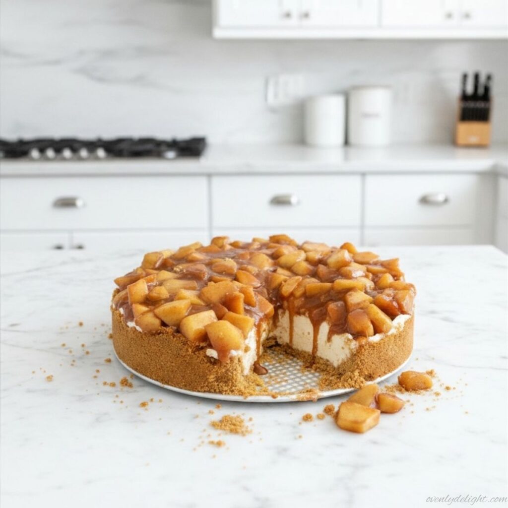 No bake cheesecake dessert with graham cracker crust and warm apple pie topping