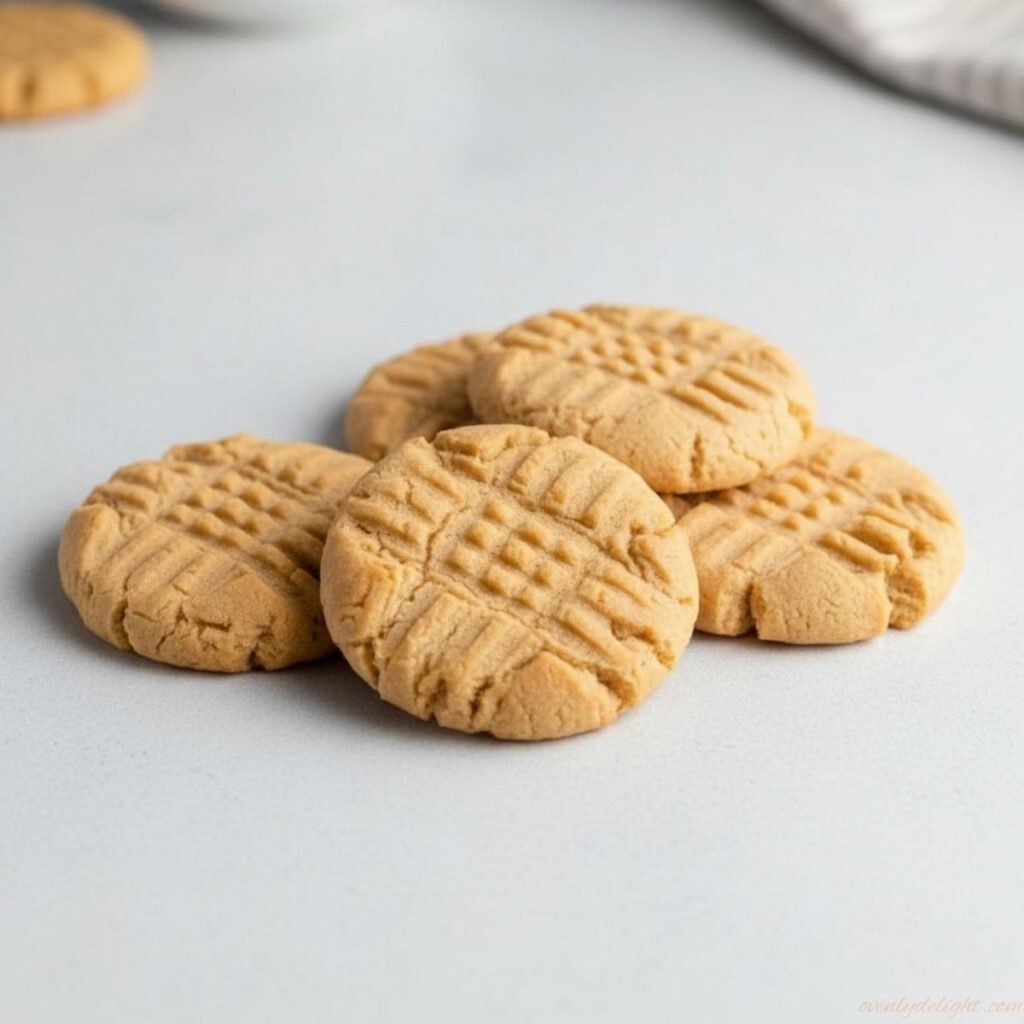 Peanut butter cookies stacked on a plate with crisscross fork marks