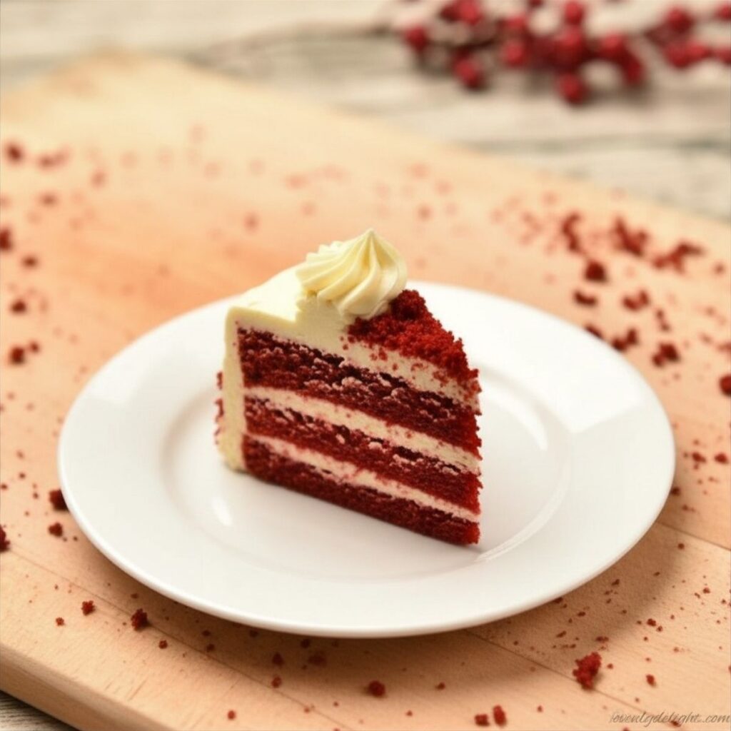 Red velvet cake slice showing soft red layers with creamy white frosting.