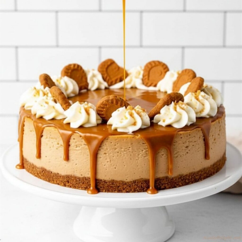 Rich and creamy Lotus Biscoff cheesecake served on a dessert plate.