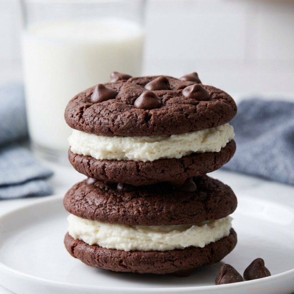 Rich chocolate sandwich cookies stacked on a serving plate.