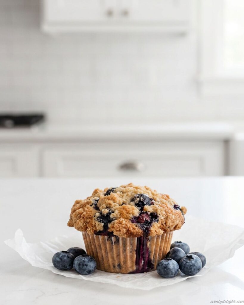 Single bakery-style blueberry muffin centered on a clean white countertop, with juicy blueberries visible in the crumb, set in a bright luxury kitchen with natural sunlight.