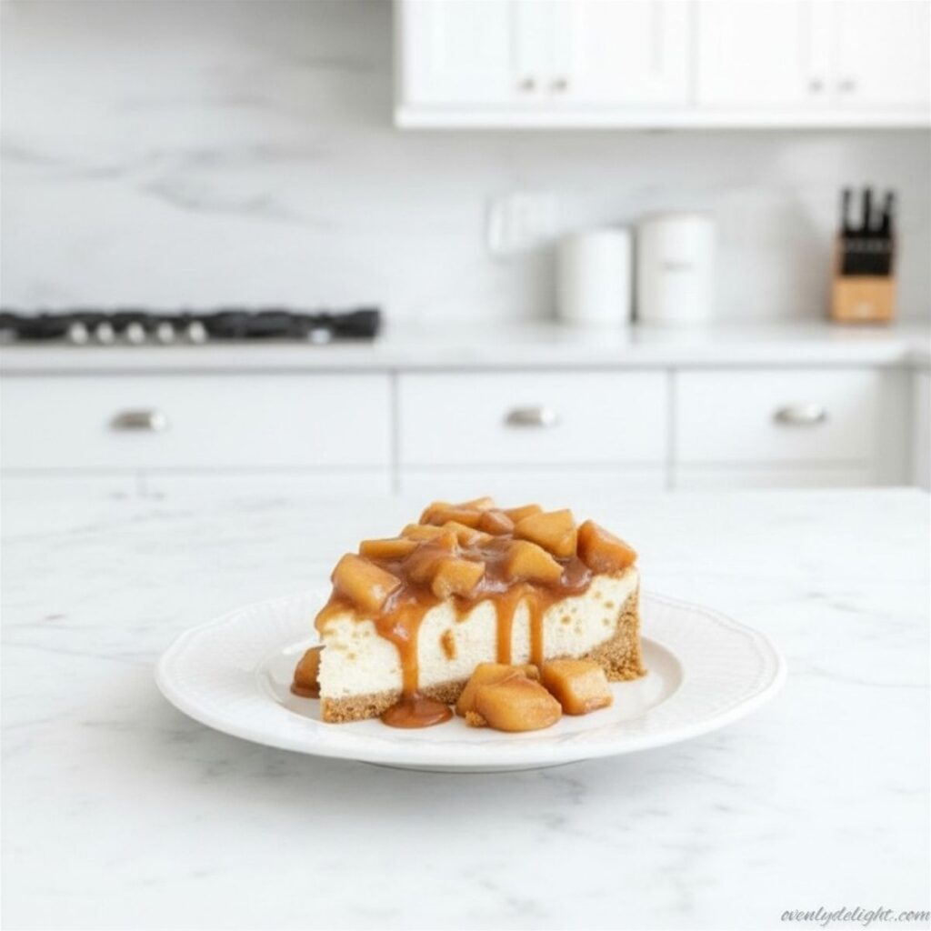 Slice of no bake apple cheesecake showing creamy layers and apple pie filling topping