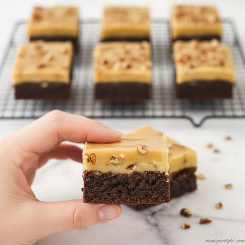 Sliced praline pecan brownie bars on a dessert plate
