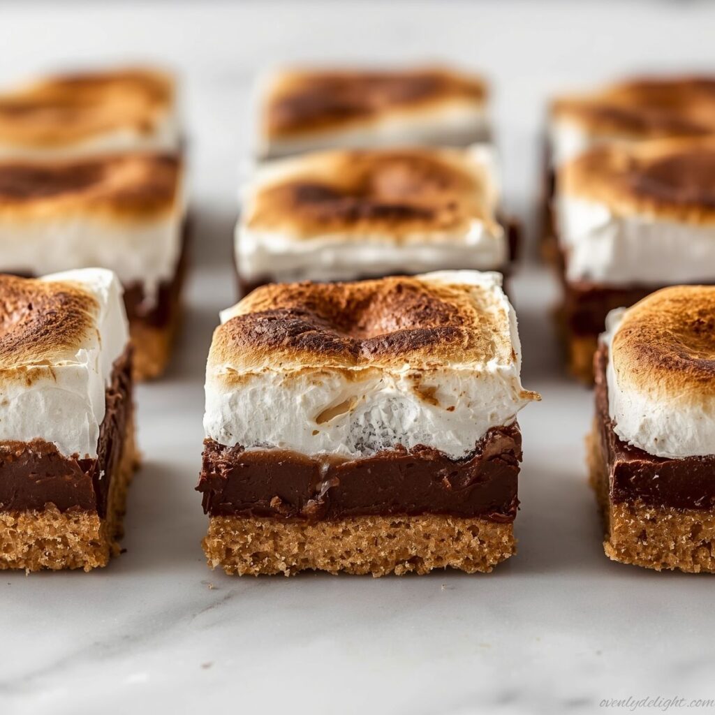 S’mores fudge bars toasted under broiler until golden brown peaks