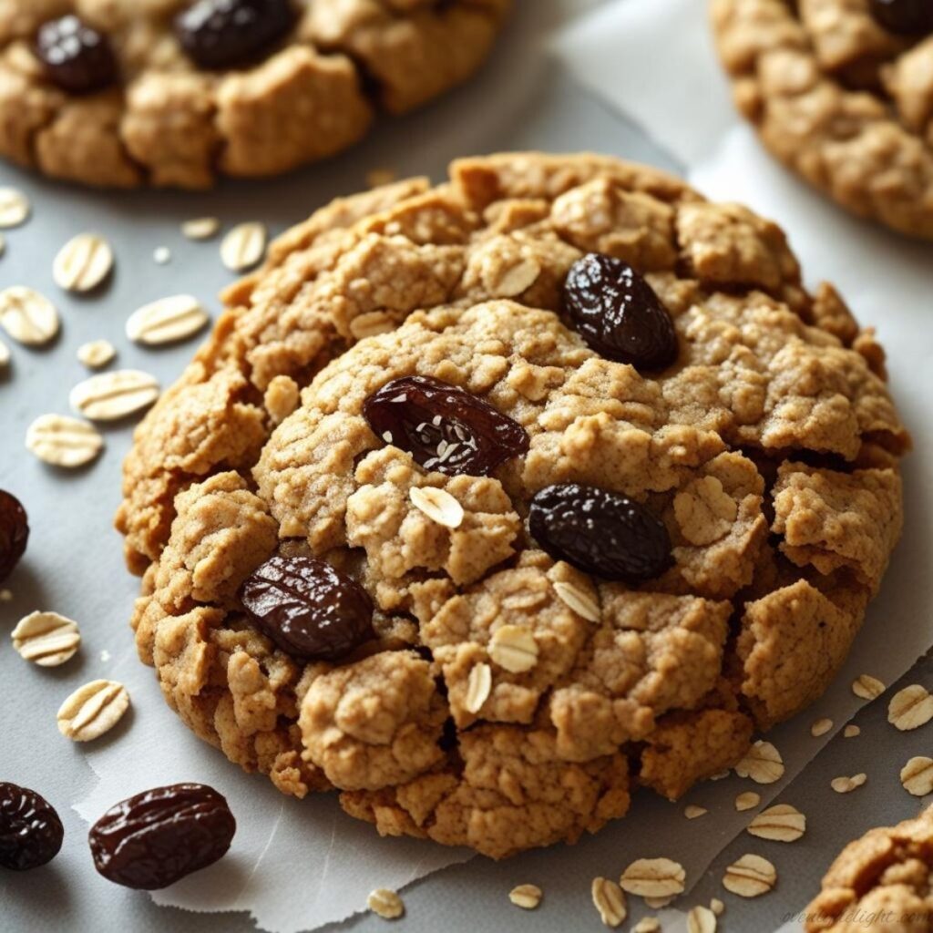 Soft and chewy oatmeal raisin cookies stacked on a plate with visible oats and raisins.