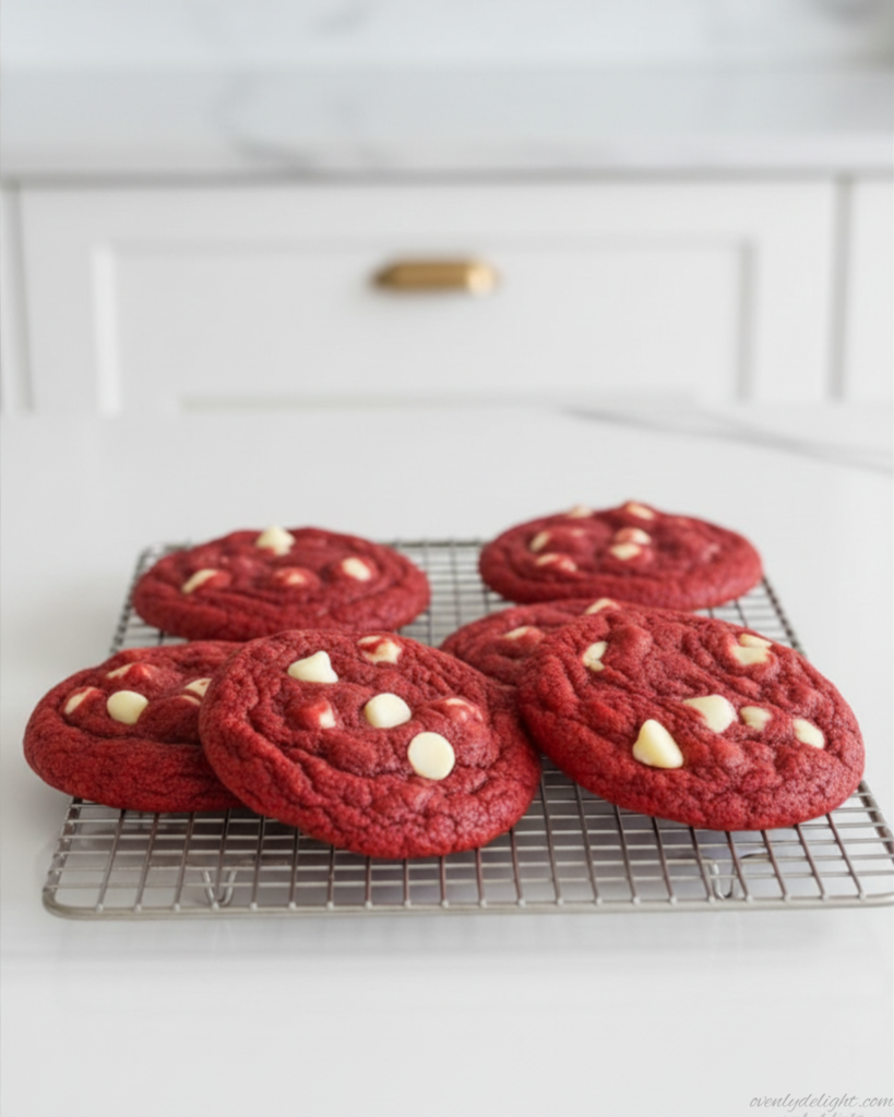Soft and chewy red velvet cookies with white chocolate chips on a cooling rack