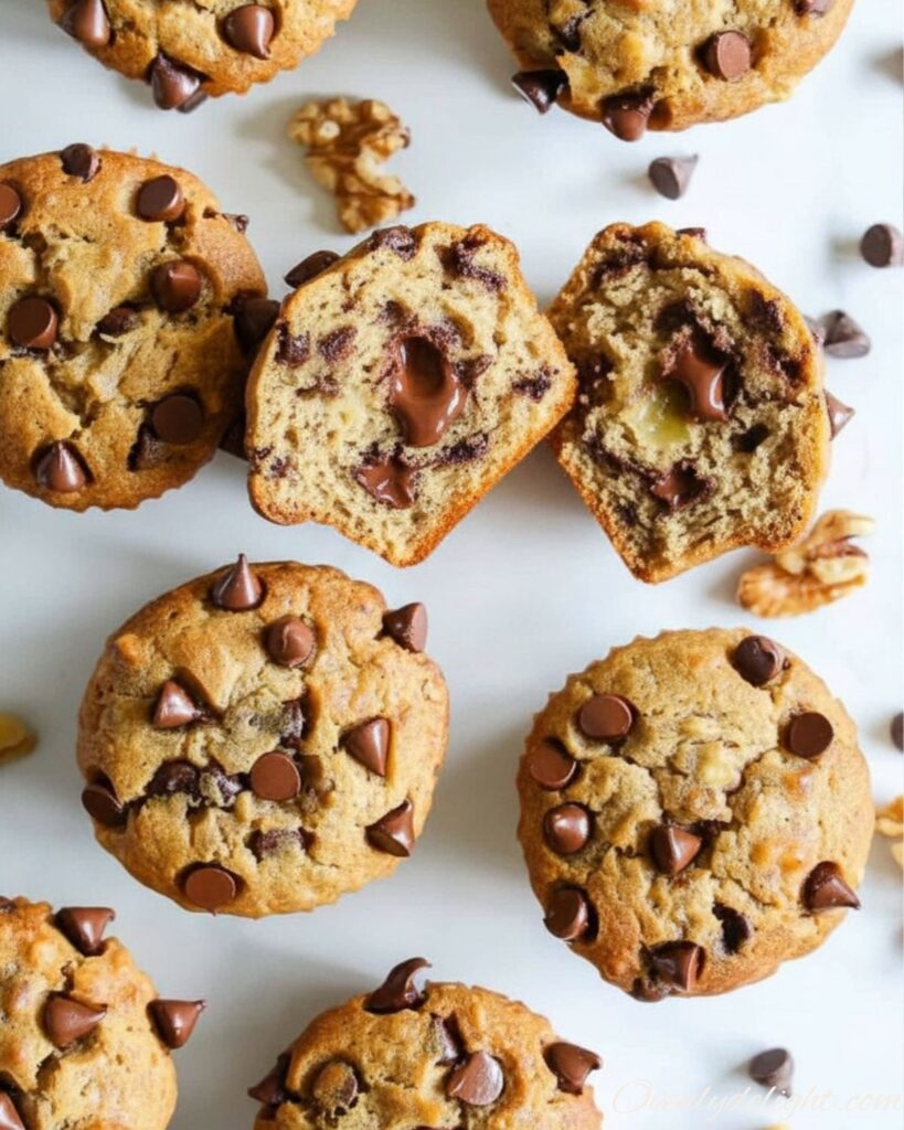 Soft and moist banana chocolate chip muffins with melted chocolate chips on top