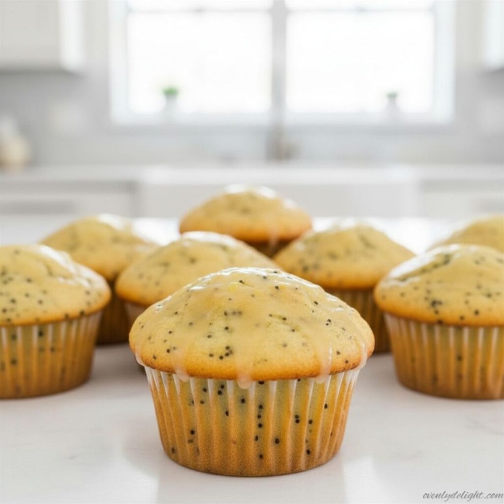 Soft and moist lemon poppy seed muffins topped with sweet lemon glaze and poppy seeds