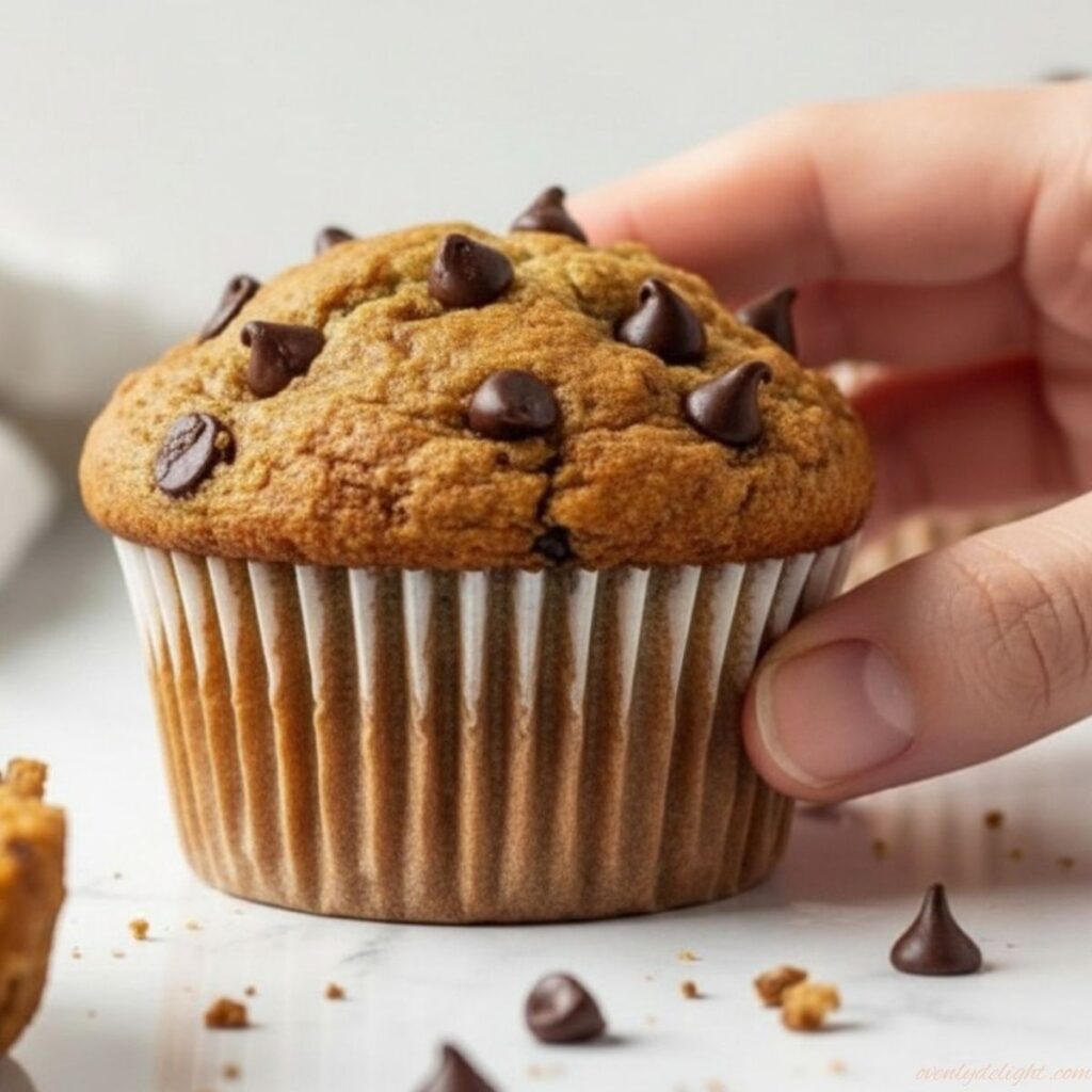Soft and moist zucchini chocolate chip muffins with chocolate chips