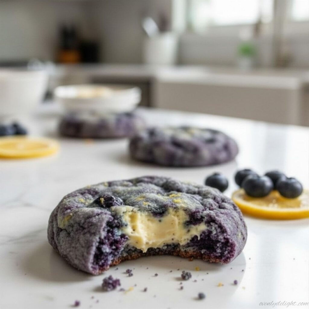 Soft lemon blueberry cheesecake cookies with creamy cheesecake filling and blueberry jam inside
