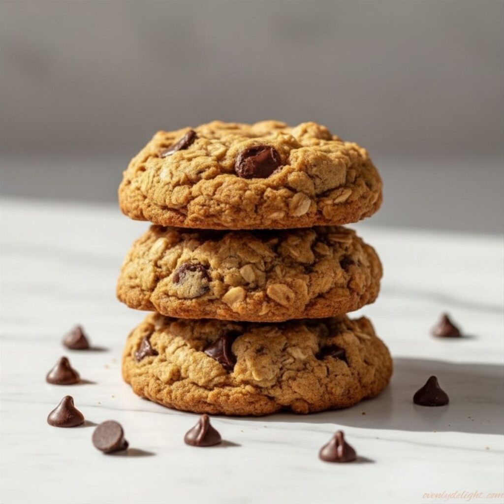Stack of chewy oatmeal chocolate chip cookies with melty chocolate chips and golden brown edges.