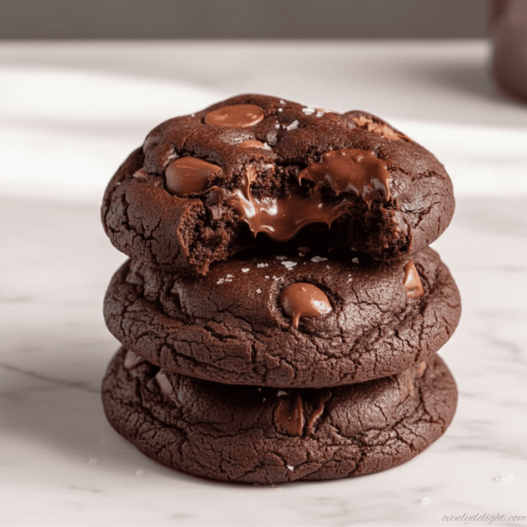 Stack of soft double chocolate chip cookies with rich dark color and visible chocolate chunks