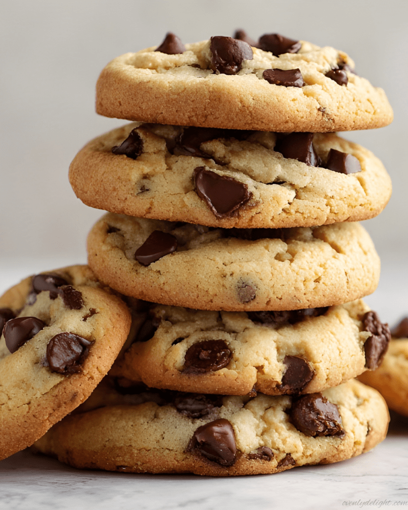 Stack of thick soft cookies with peanut butter and chocolate chunks