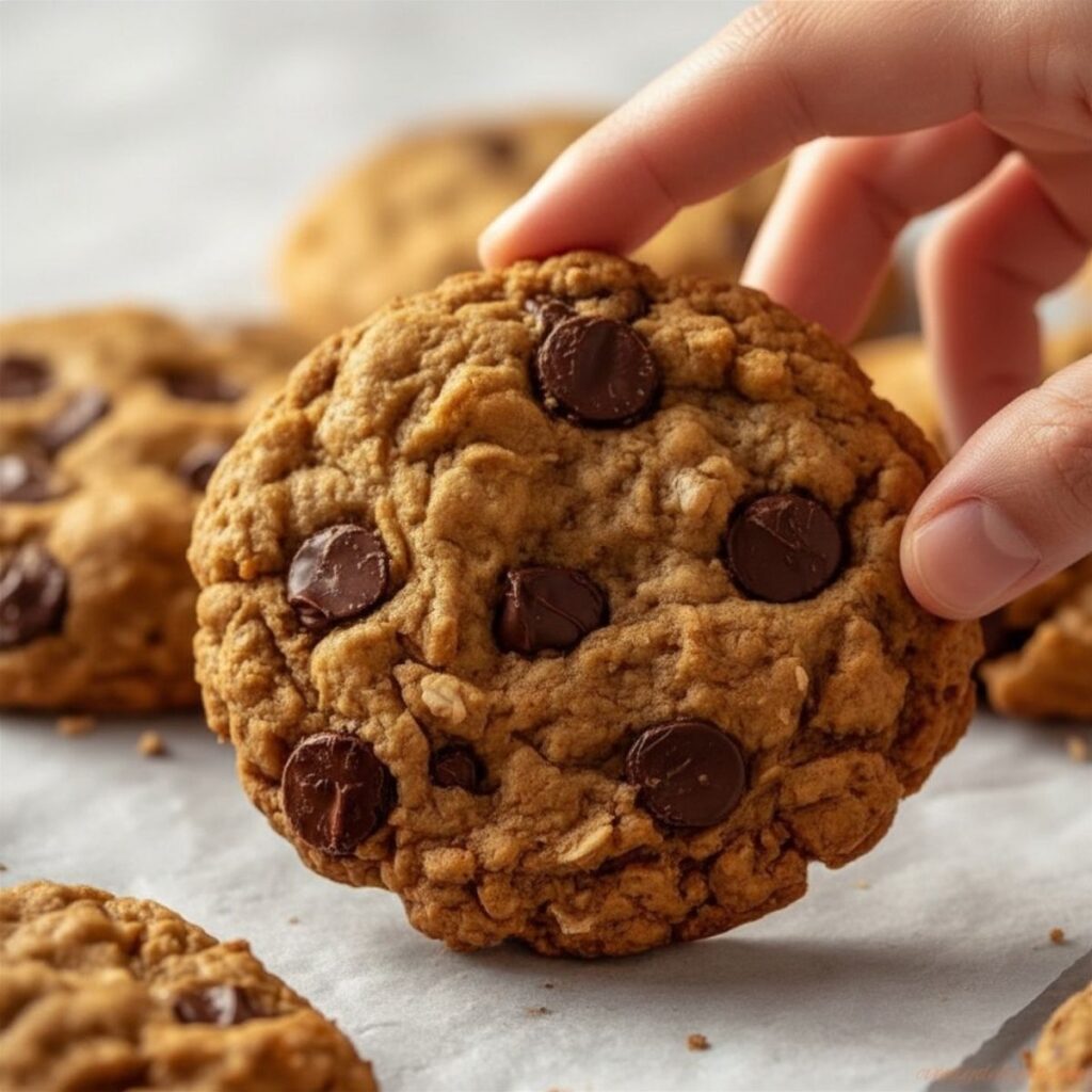 Thick oatmeal chocolate chip cookies made with rolled oats and semisweet chocolate chips.