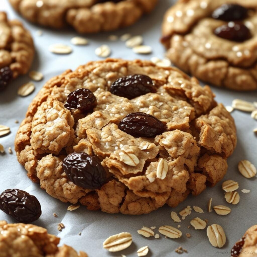 Thick oatmeal cookies with raisins and oats, featuring a soft center and crispy edges.