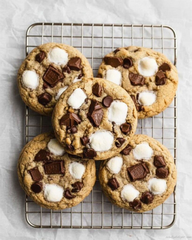 Warm s’mores cookies with melted chocolate and toasted marshmallow center