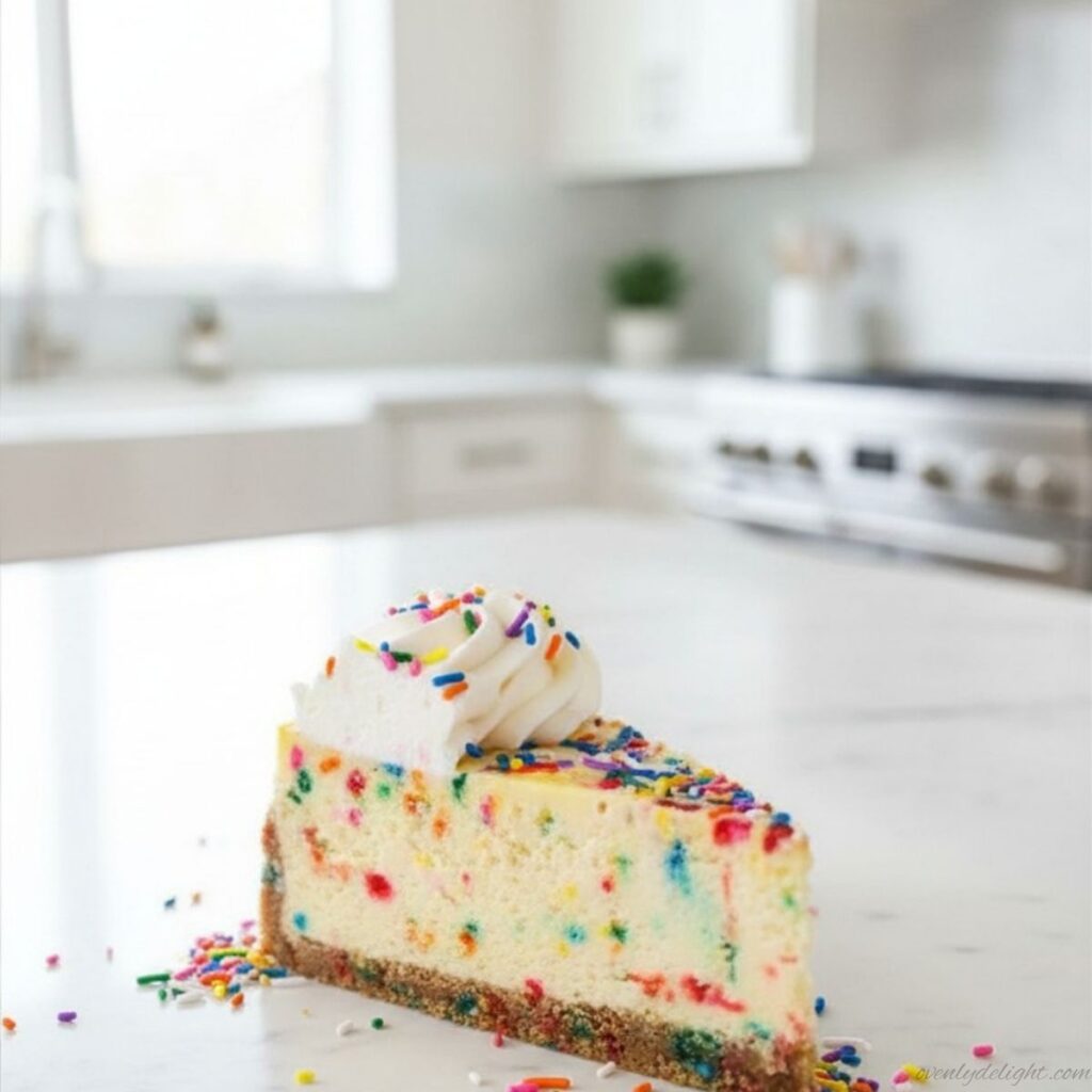 Whole no bake funfetti cheesecake decorated with whipped cream and rainbow sprinkles, party dessert idea for birthdays