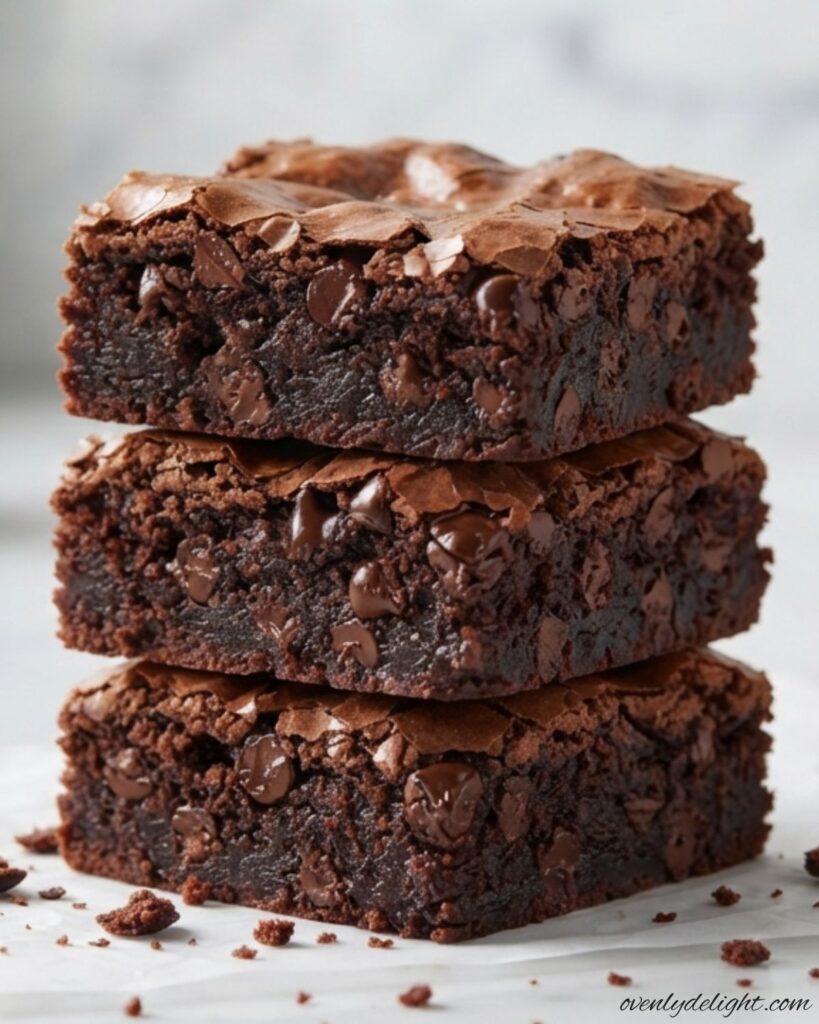 A stack of rich and fudgy triple chocolate brownies with a crackly top and melted chocolate chips, ready to serve as a homemade dessert.