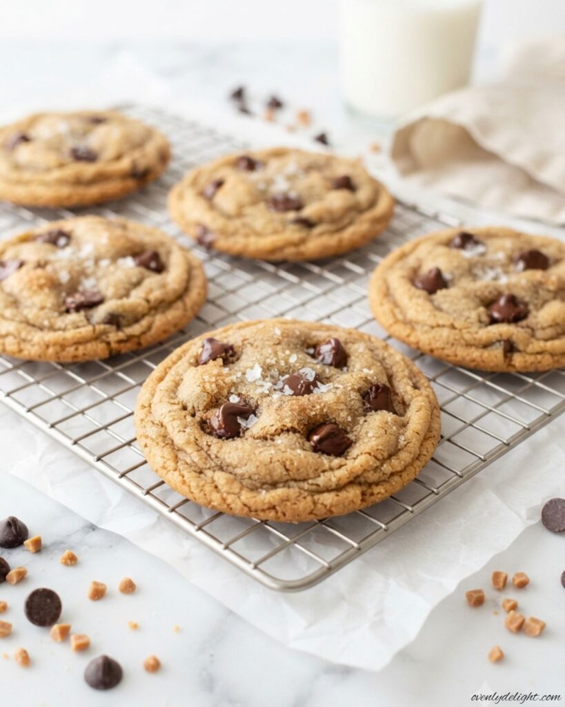 Bakery-style Brown Butter Toffee Chocolate Chip Cookies with caramel-like browned butter flavor, chocolate chips, and toffee bits.