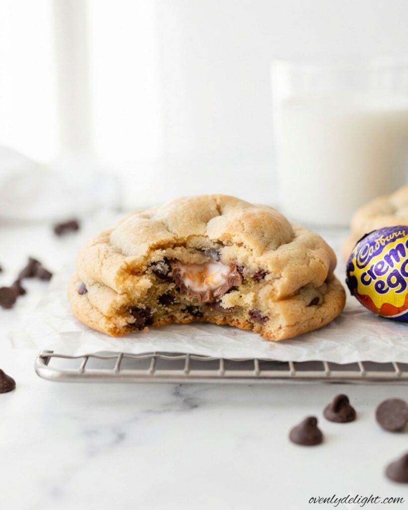 Bakery-style Cream Egg Stuffed Cookies with crisp edges, soft centers, and a gooey Easter candy filling.