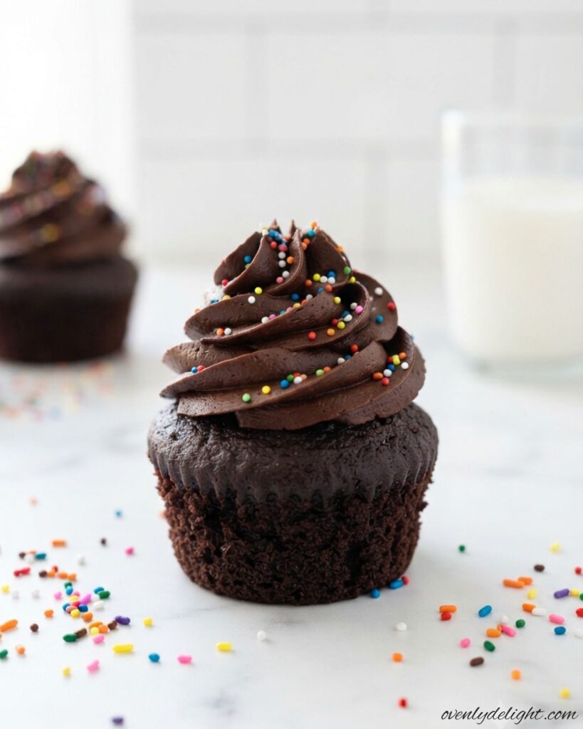 Bakery-style Double Chocolate Cupcakes decorated with creamy chocolate buttercream frosting.