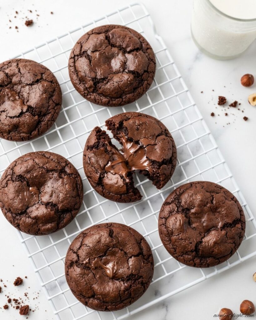 Bakery-style Nutella stuffed chocolate cookies with a warm melted hazelnut filling and fudgy chocolate texture
