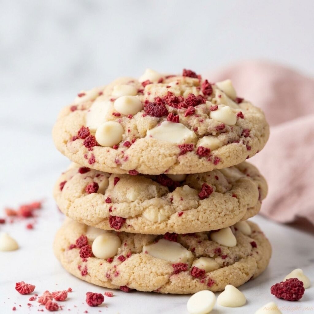 Bakery-style white chocolate raspberry cookies with golden edges