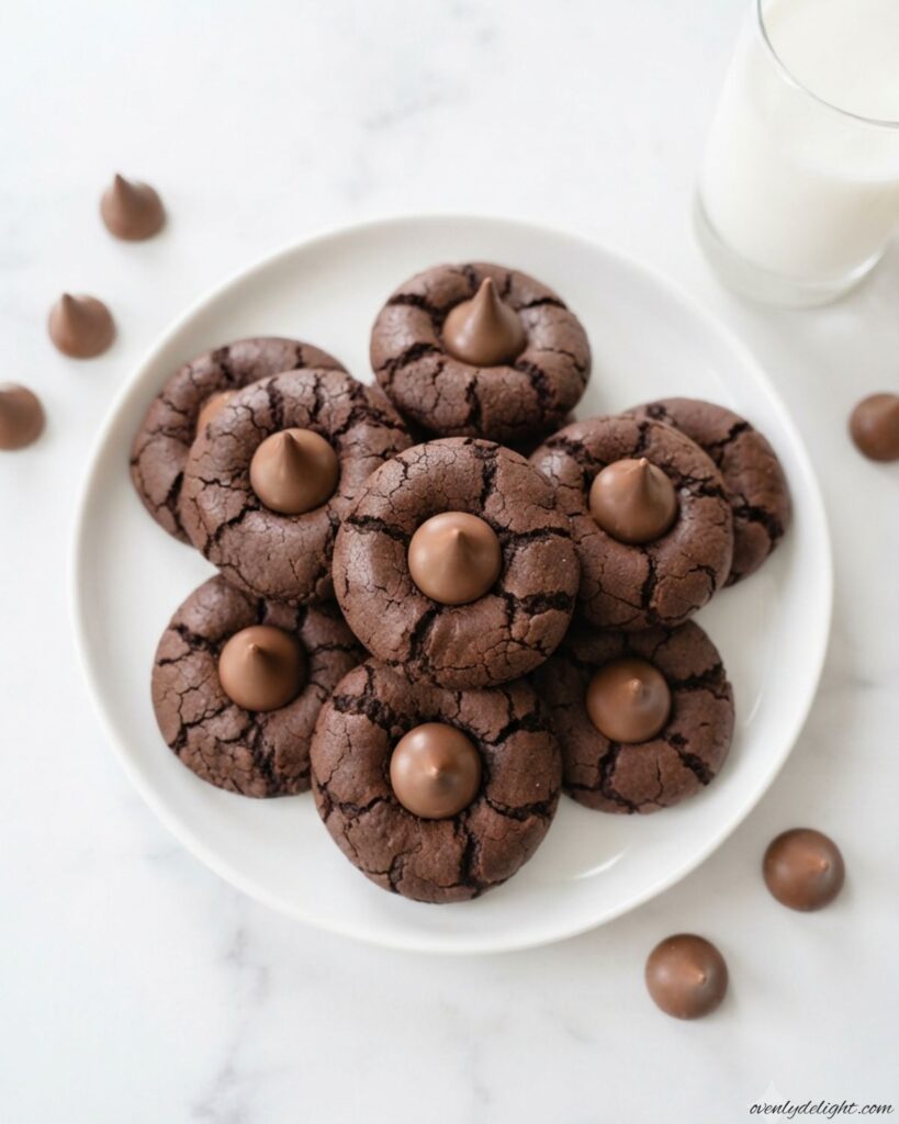 Chewy Chocolate Blossom Cookies with fudgy centers, sparkling sugar coating, and chocolate candy on top.