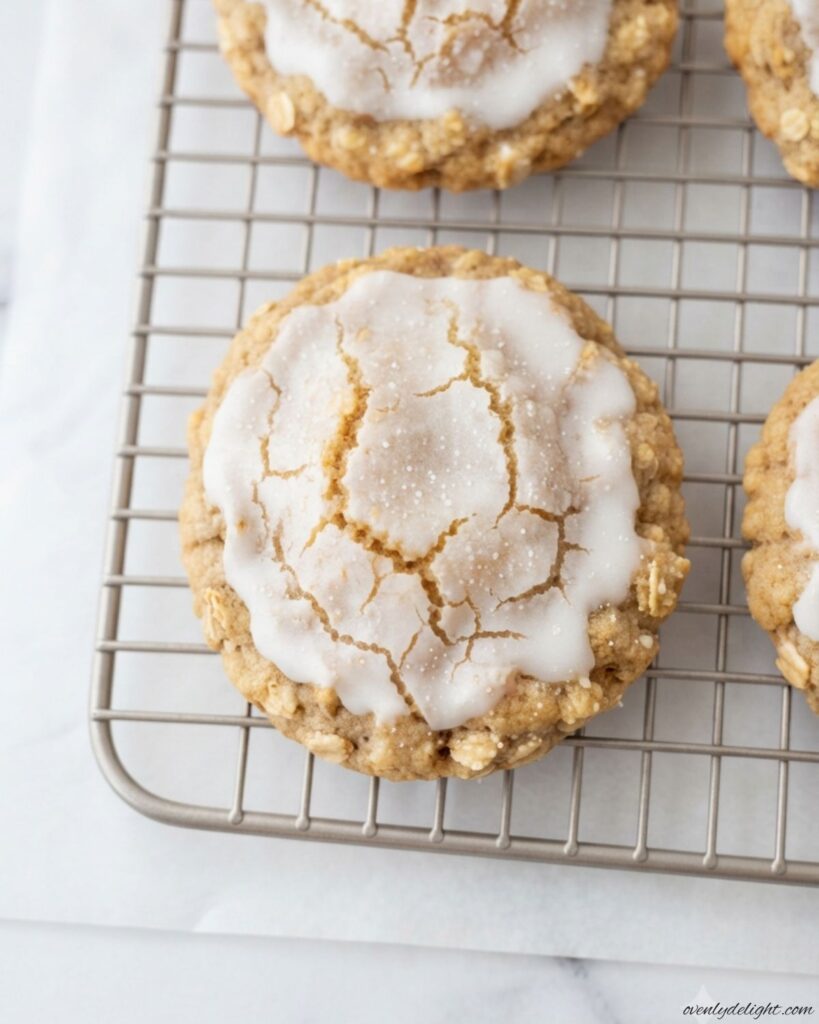 Chewy Iced Oatmeal Cookies with rolled oats and vanilla glaze
