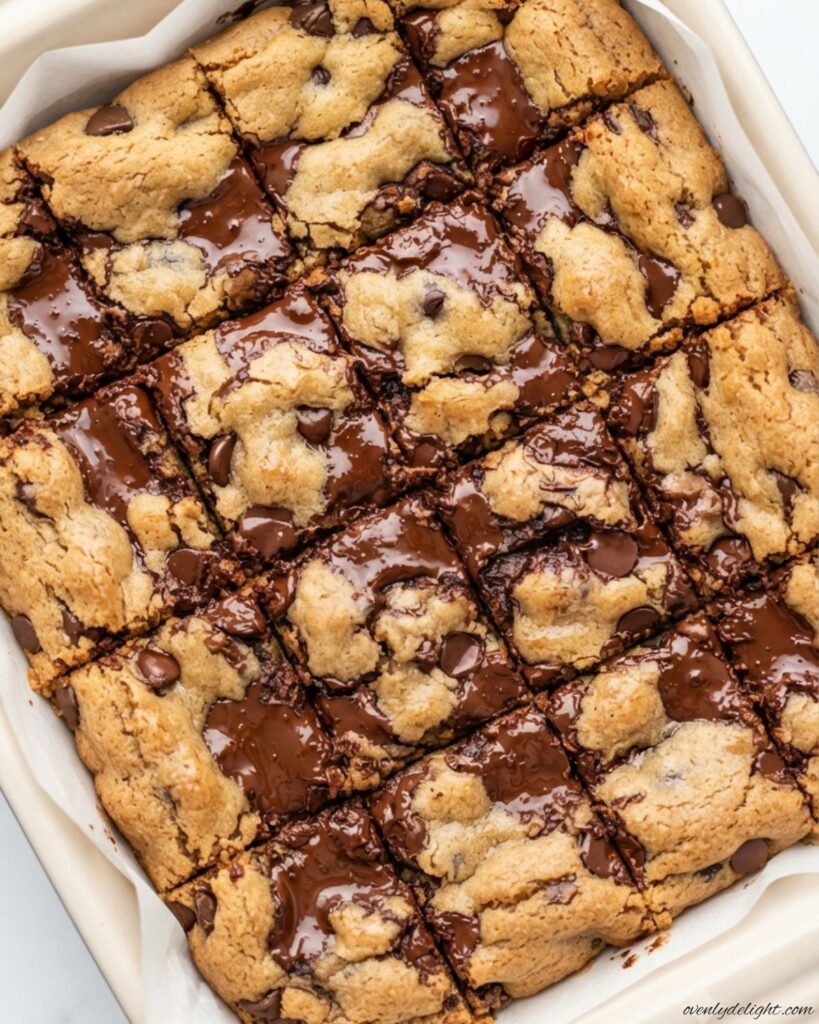 Chewy brown butter blondies loaded with chocolate chunks on a cooling rack