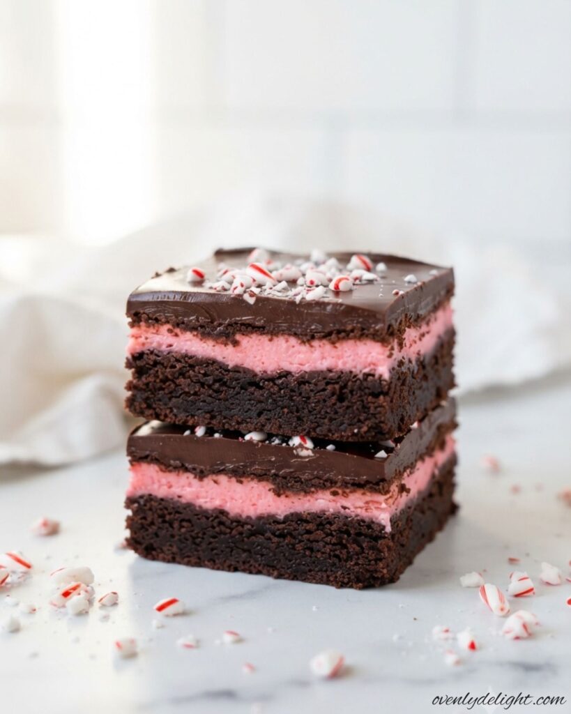 Chocolate Candy Cane Brownies decorated with peppermint candies for a holiday dessert.