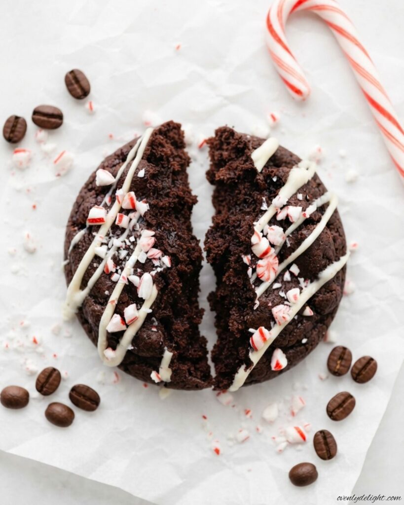 Chocolate Peppermint Mocha Cookies with festive candy cane topping