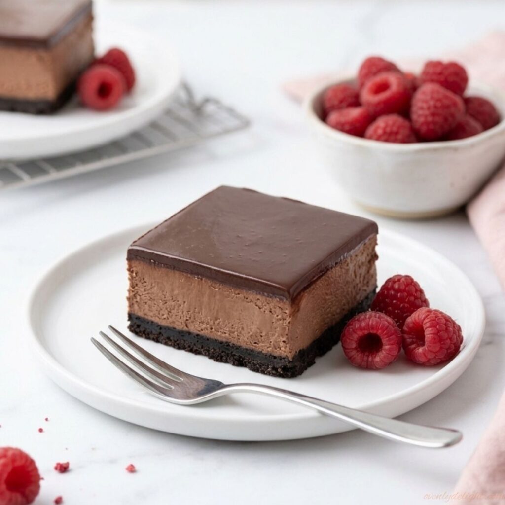 Chocolate cheesecake bars with Oreo crust and glossy chocolate ganache topping