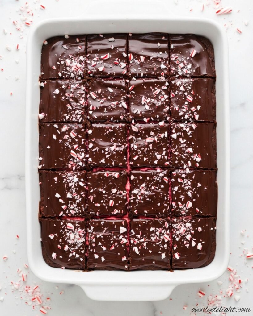 Christmas Candy Cane Brownies with fudgy centers, peppermint flavor, and crunchy candy cane topping.