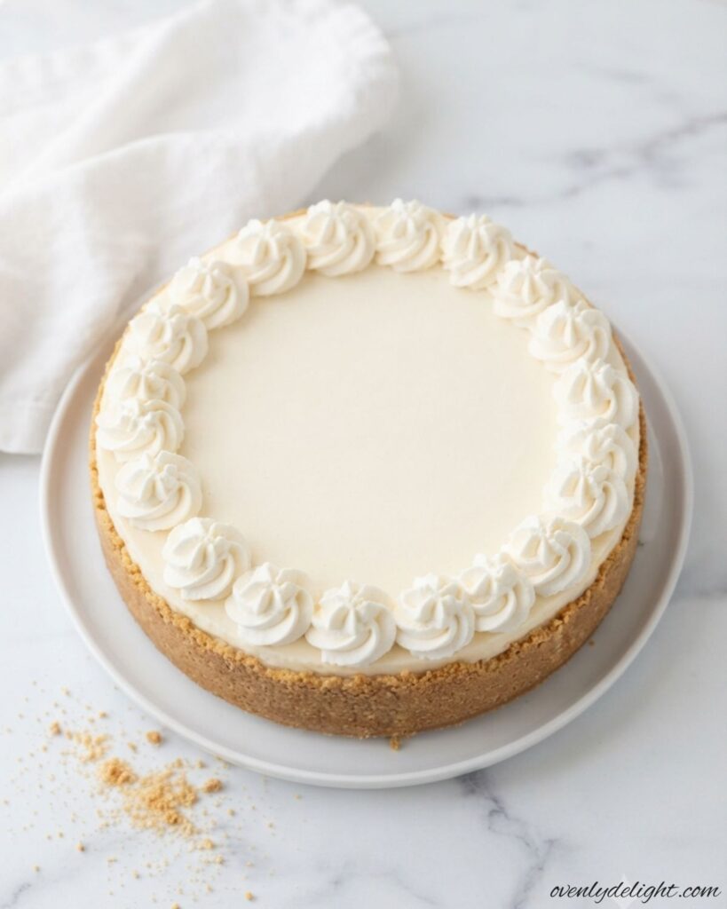Classic no-bake cheesecake with whipped cream and berry topping on a dessert plate.