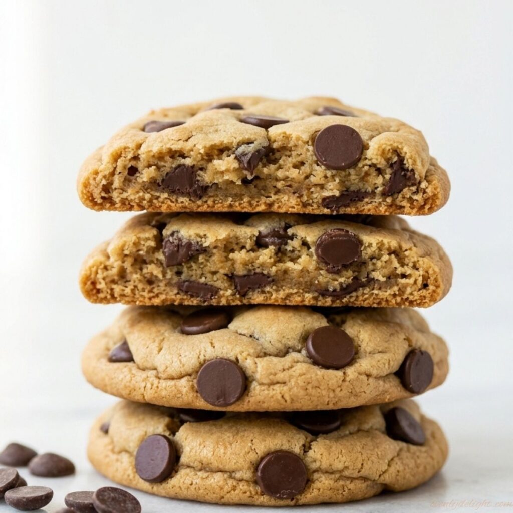 Close-up of chewy almond flour chocolate chip cookies with melted chocolate chips and a soft, bakery-style texture.