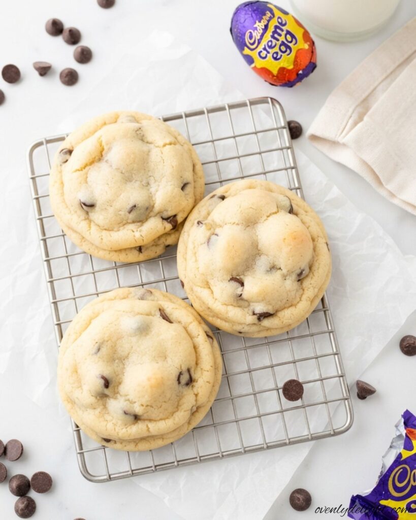 Cream Egg Stuffed Cookies baked with a gooey Cadbury Cream Egg center and chocolate chip cookie dough.