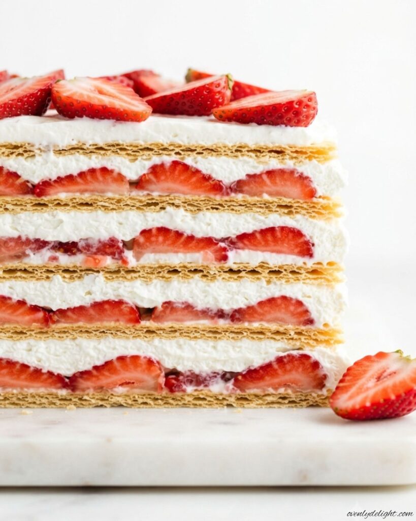 Creamy Strawberry Icebox Cake with layers of juicy strawberries, whipped topping, and graham crackers chilled until perfectly set.