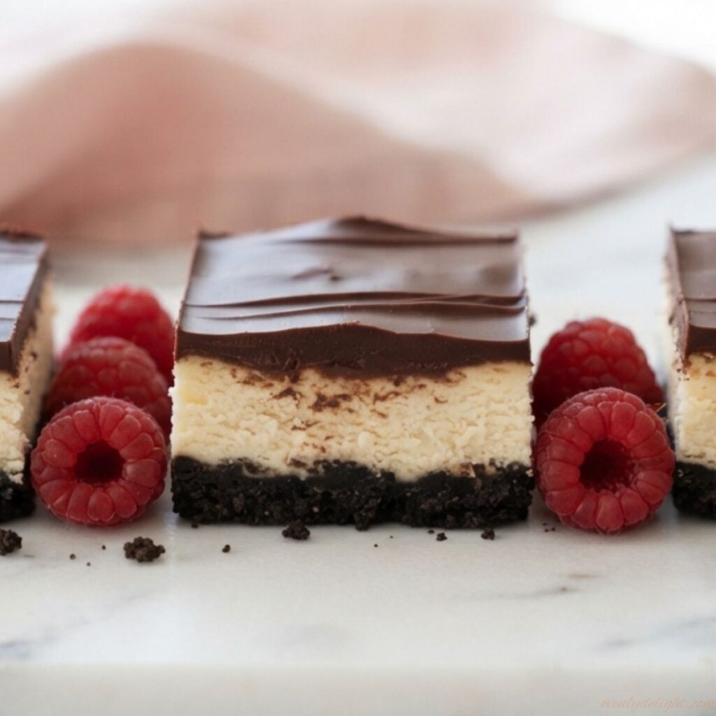 Creamy White Chocolate Cheesecake Bars topped with silky chocolate ganache